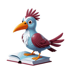 Obraz premium Cartoon bird character standing on an open book with a colorful design and cheerful expression