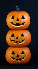 Stack of Three Jack-o'-lanterns on Black Background