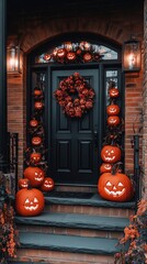 Obraz premium Spooky Halloween Porch Decor with Carved Pumpkins and Wreath