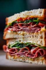 Close up view of a stacked sandwich with meat and greens on a dark background