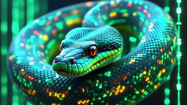 Digital Snake with Glowing Scales and Red Eyes