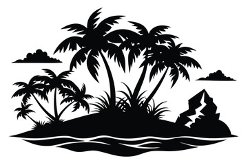Black Silhouette Tropical Island with Palm Trees, Rocks, Grass and Calm Water Illustration