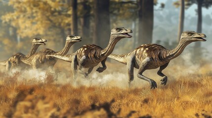 Three deinonychus dinosaurs running through a prehistoric forest.