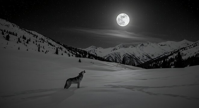 Dramatic monochromatic image of a wolf on a snowy mountain peak under a brilliant night sky.
