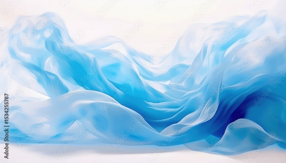 Poster ethereal blue silk wave abstraction with flowing translucent textures and soft gradient light, perfect for web design, luxury branding, print background, or modern minimalist packaging concept

