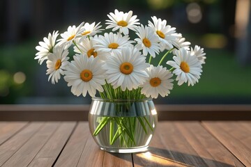 Bouquet of white daisies in glass vase on wooden table with natural outdoor lighting