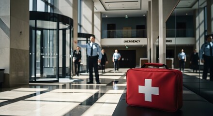 First aid kit in modern office building lobby security guards ensure workplace safety emergency preparedness