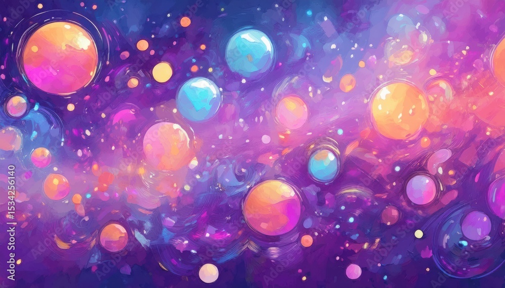 Poster vibrant cosmic dreamscape with glowing multicolored planets and swirling nebula on purple backdrop f
