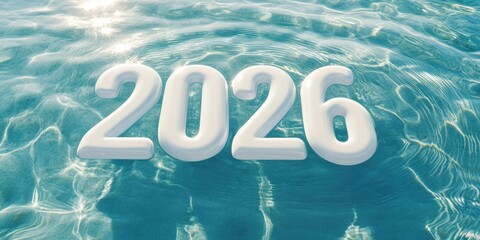 Floating white glossy plastic digits 2026 in water ripples for new year or futuristic design