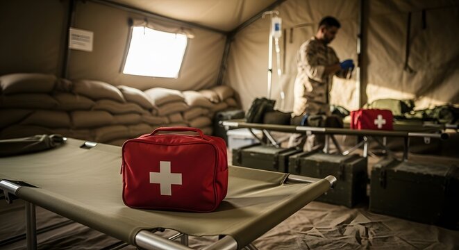 Urgent Medical Aid First Aid Kit in Military Field Hospital Tent