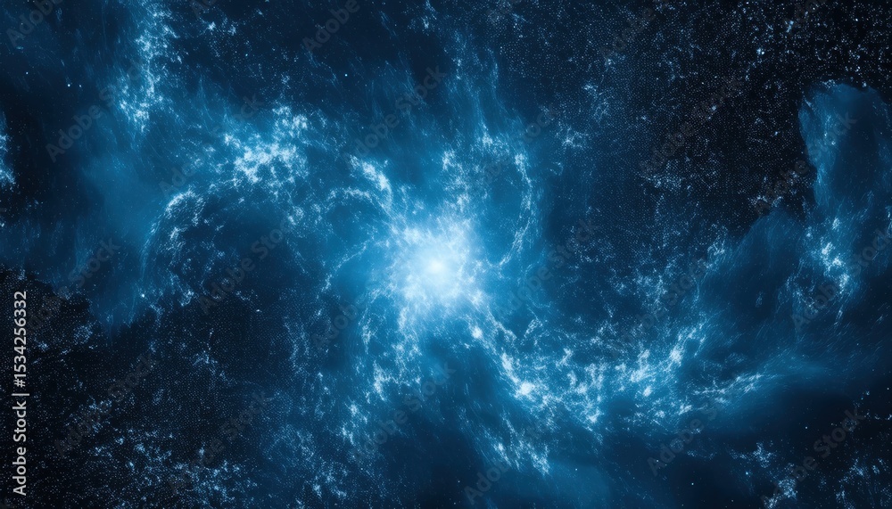 Poster glowing blue galactic vortex with swirling nebula and cosmic dust perfect for sci-fi web design, tec