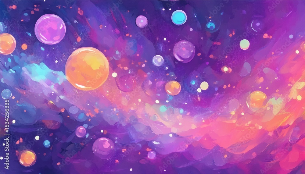 Poster vibrant cosmic dreamscape with glowing multicolored planets and swirling nebula on purple backdrop f