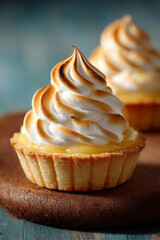 Close up of two lemon meringue tarts on a wooden board with a blue background