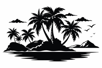 Silhouette of Tropical Island with Palm Trees, Mountains, Birds, and Clouds over Water
