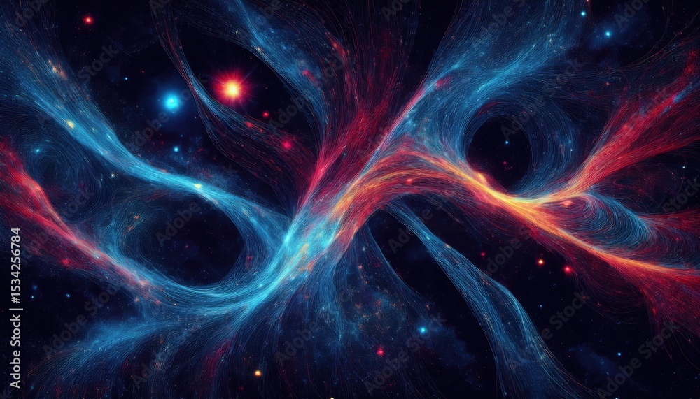 Poster vivid interstellar energy stream with swirling blue and red plasma threads in deep space, perfect fo