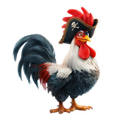 Cartoon rooster, dressed in a pirate hat, on a transparent background