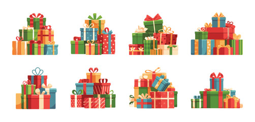 Eight Stacks of Colorful Wrapped Christmas Presents