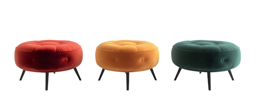 A trio of colorful, tufted ottomans in red, orange, and teal, designed for stylish seating and decor enhancement.