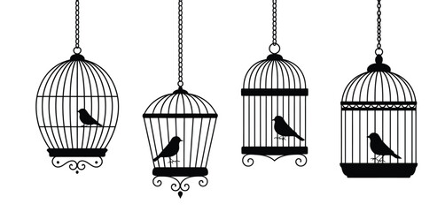 Four Elegant Black Birdcages with Birds Hanging Silhouettes