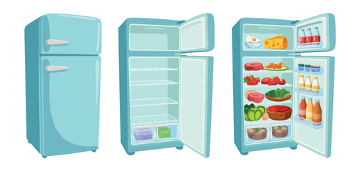 Three Retro Style Refrigerators Empty and Full of Food
