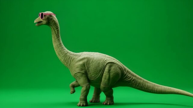 Cool Dinosaur on Green Screen - A 3D-video model of a long-necked dinosaur wearing pink sunglasses stands against a bright green screen background.