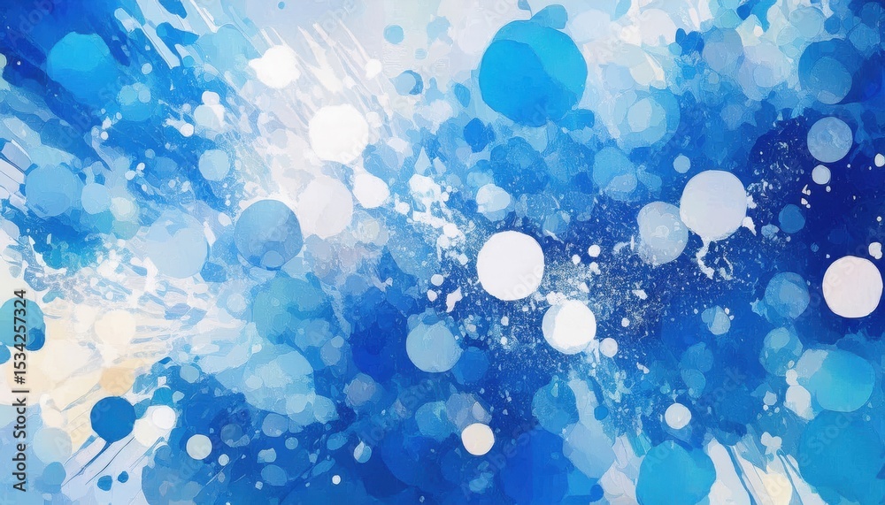 Poster ethereal blue watercolor background with white bokeh light orbs and paint splatter texture ideal for