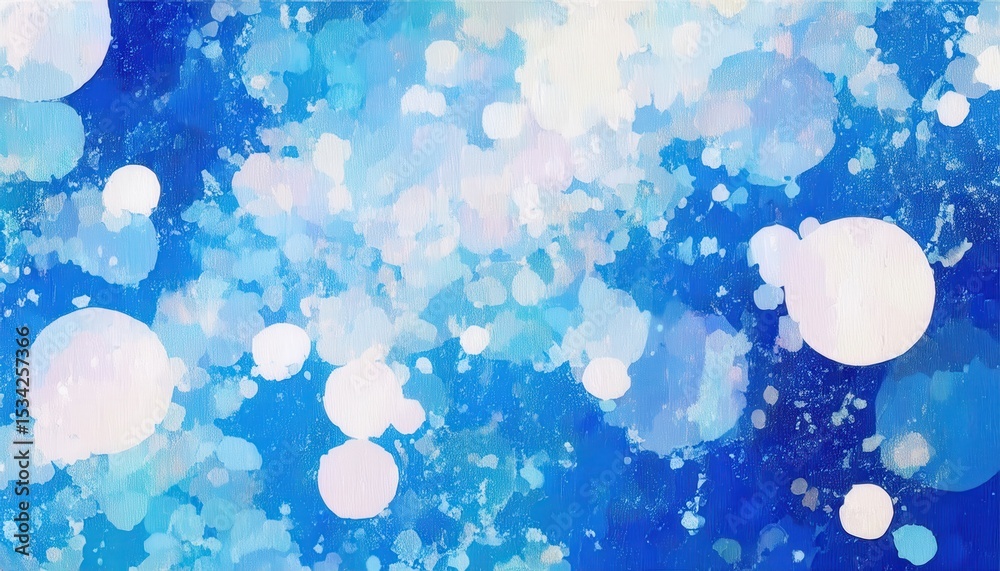 Poster ethereal blue watercolor background with white bokeh light orbs and paint splatter texture ideal for