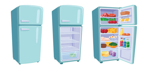 Three Pastel Blue Refrigerators Empty and Full of Food