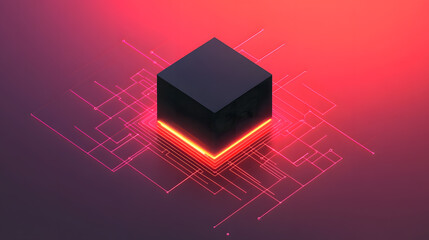 A glowing cube with neon lines on a gradient background, symbolizing futuristic technology.
