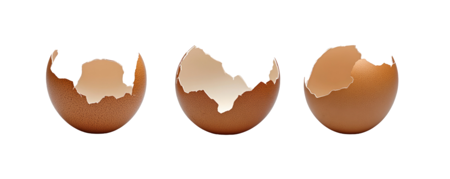Three broken eggshells displayed in a row, showcasing the interior texture and color of the shells.