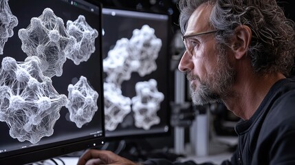 Man views complex molecular structures on computer screens