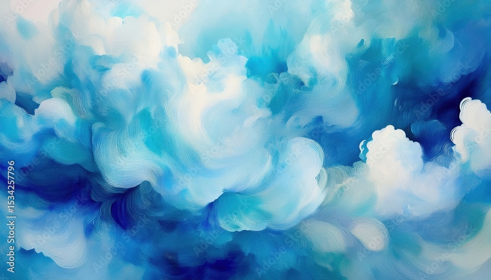 Poster ethereal abstract cloudscape in swirling blue tones with soft textures and fluid brushwork for web design, branding, poster, or background illustration use

