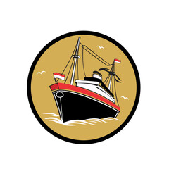 vector icon illustration of a water ship using a red and white flag sailing with birds flying around the ship using a round frame
