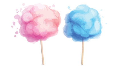 A digital illustration or rendering depicts two cotton candy confections on wooden sticks against a white background. One is pink and the other is light blue.  Both are fluffy and textured,