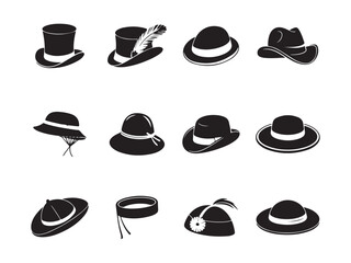 Collection of various black and white hat silhouettes, a variety of classic and stylish hat silhouettes in solid black vector art on white