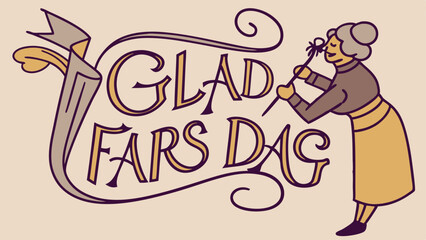 Illustration of a charming vintage style greeting card with swedish glad fars dag text and a lovely woman holding a flower suitable for father's day