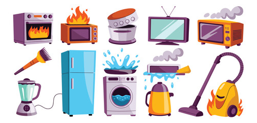 Household Appliance Malfunctions and Accidents Illustration