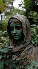 Obraz premium Weathered Stone Statue of a Hooded Woman Amidst Lush Greenery
