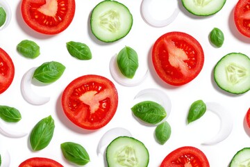 Vibrant Tomato, Cucumber, and Basil Flatlay: A Fresh Culinary Composition