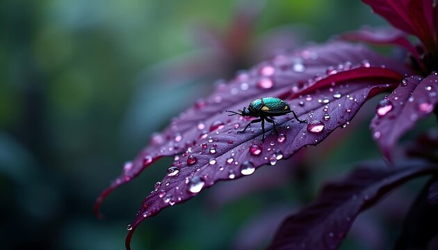 Jewel beetle on purple leaf covered in water droplets in nature.