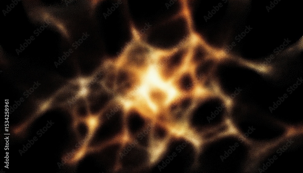 Poster interstellar plasma network glowing in deep space with fiery nebula strands and golden cosmic filaments, ideal for sci-fi web design, abstract print, or tech branding


