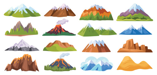 Collection of Cartoon Mountains and Volcanoes Illustrations