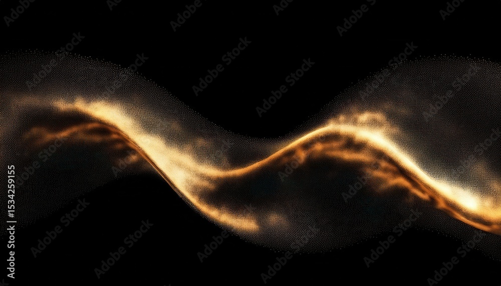 Aufkleber abstract golden wave of glowing particles and light trails on black background for futuristic web design, digital branding, tech interface, or sci-fi print visual

