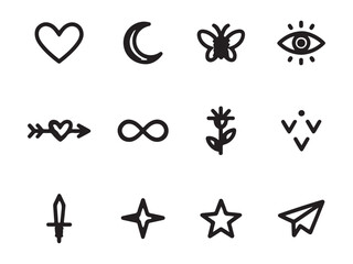 A collection of simple, hand-drawn tattoo design icons, perfect for use in various contexts vector art on white