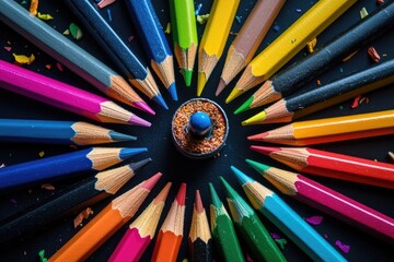 Fototapeta premium Colorful pencils arranged in a circle on black background
