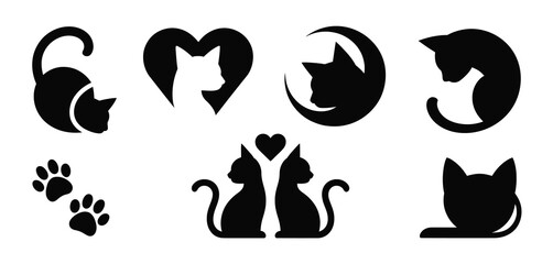 Collection of Cute Black Cat Silhouettes and Paw Prints
