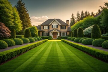 Photorealistic image of a house with manicured lawn, lush garden, and vibrant greenery in natural lighting