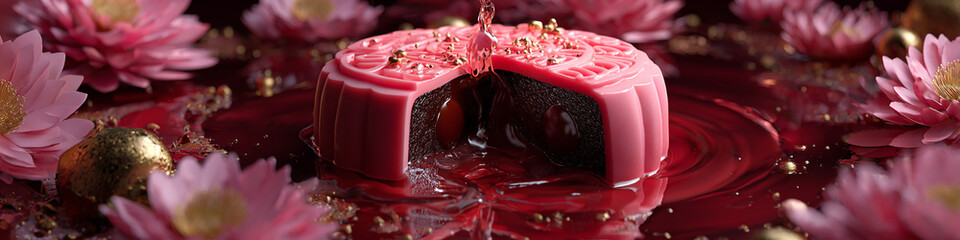 Close up of a pink mooncake with flowers and liquid being poured on the cake