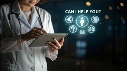 AI chatbot assisting doctor health care and medical support. technology solutions for hospital systems and patient care. artificial intelligence in medicine and robotic chat customer services.