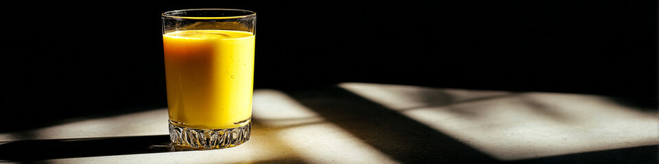 Tall glass of yellow smoothie drink on a surface with shadow and dark background